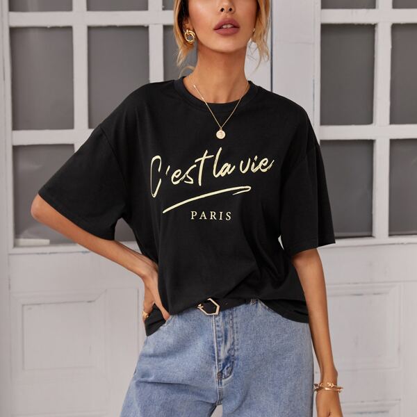 

Slogan Graphic Drop Shoulder Tee, Black
