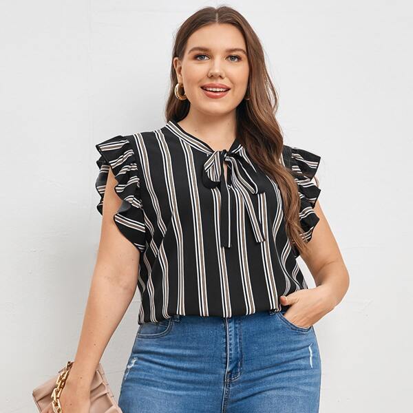

Plus Striped Tie Neck Ruffle Trim Blouse, Black