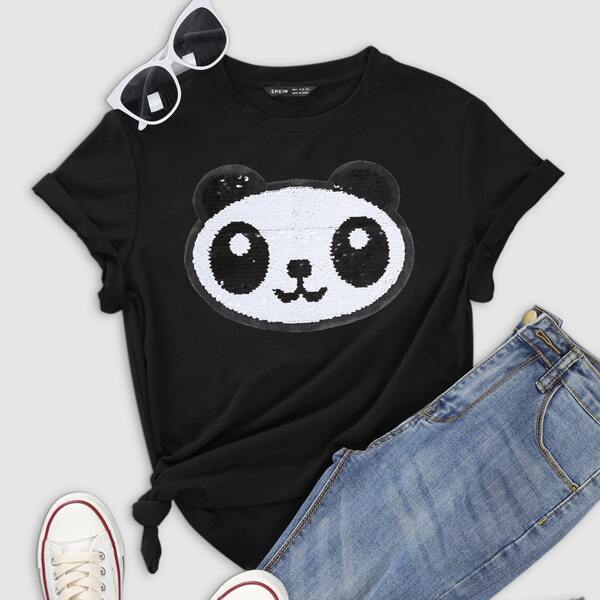 

Sequin Cartoon Pattern Tee, Black