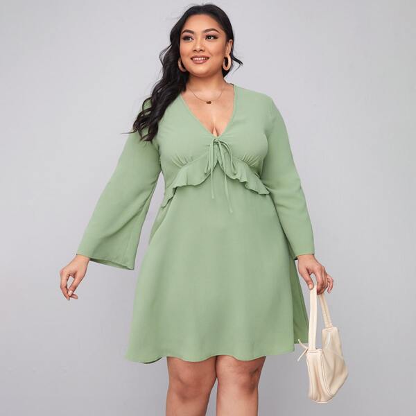 

Plus Tie Front Ruffle Trim Dress, Mint green