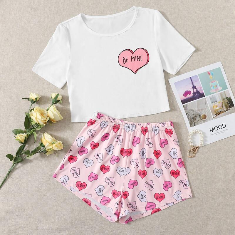 

Heart & Slogan Print PJ Shorts Set, White