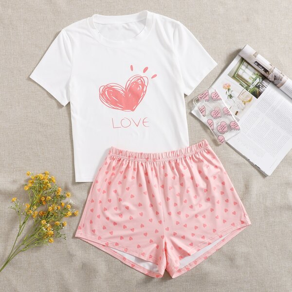 

Heart & Letter Graphic Pajama Set, Multicolor