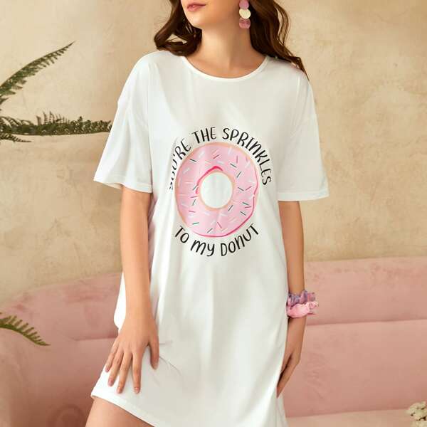 

Donuts & Letter Graphic Night Dress, White
