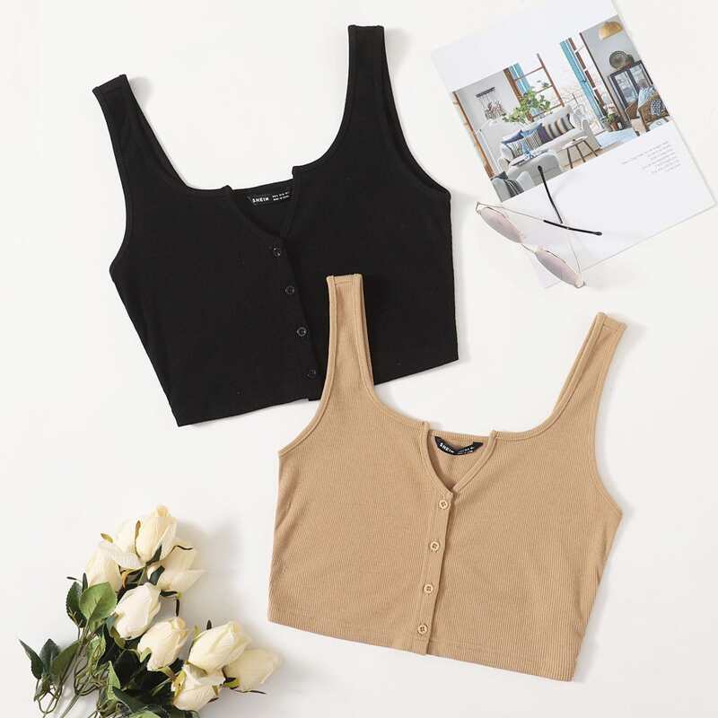 

2pack Notch Neck Button Front Tank Top, Multicolor