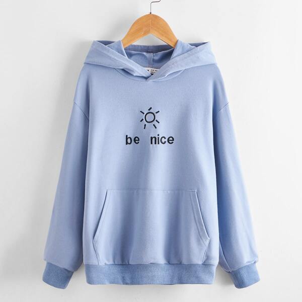 

Boys Sun and Letter Embroidered Hoodie, Pastel dusty blue
