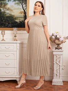 Modelyn Plus Pleated Glitter Dress - Khaki - View 4