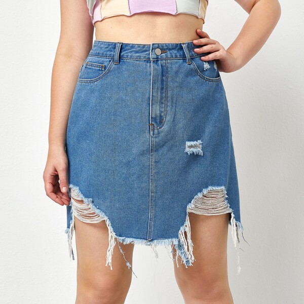 

Plus Raw Hem Denim Skirt, Medium wash