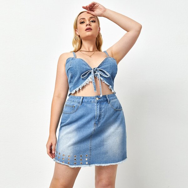 

Plus Raw Hem Knot Detail Denim Top & Skirt Set, Light wash