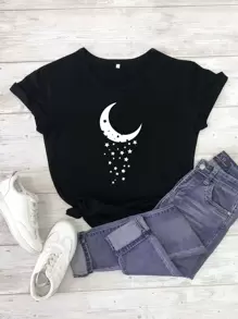 Camiseta con estampado de luna y estrella - Negro - Ver 1