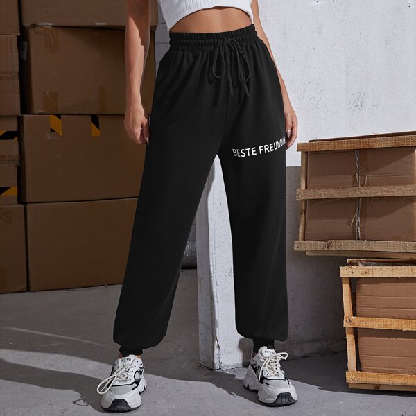 

Letter Graphic Drawstring Waist Sweatpants, Black