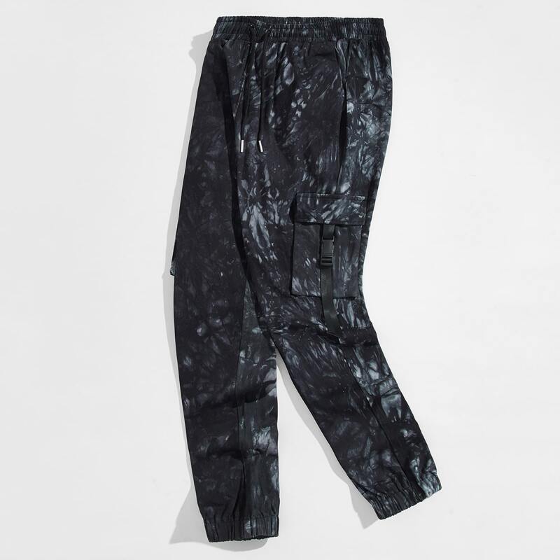

Guys Buckle Strap Flap Pocket Tie Dye Pants, Black