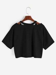 SHEIN EZwear Camiseta con cuello en V con abertura y parche de rosa - Negro - Ver 4