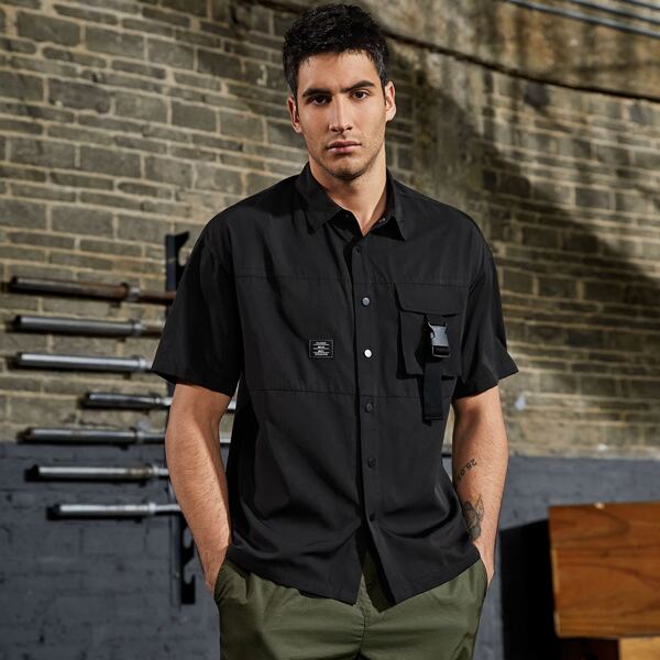

Men Push Buckle Strap Detail Flap Pocket Front Shirt, Black