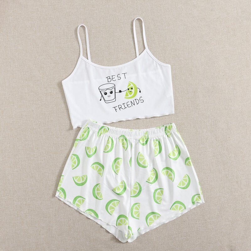 

Cartoon & Fruit Print PJ Set, Multicolor