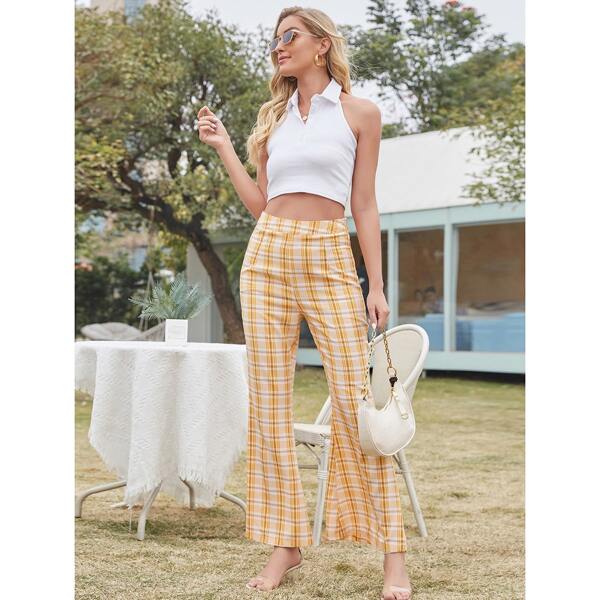 

Plaid Print Flare Leg Pants, Yellow