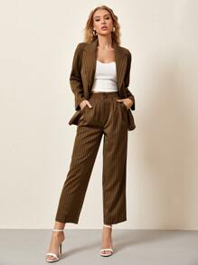 Single Button Striped Longline Blazer & Pants Set - Mocha Brown - View 1