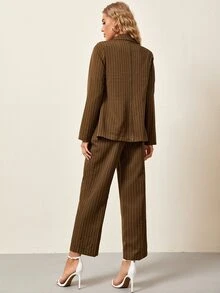 Single Button Striped Longline Blazer & Pants Set - Mocha Brown - View 2