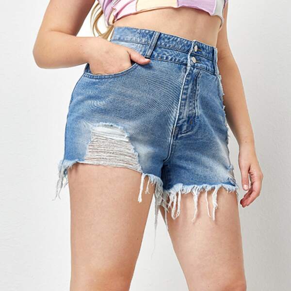 

Plus Ripped Raw Hem Denim Shorts, Light wash