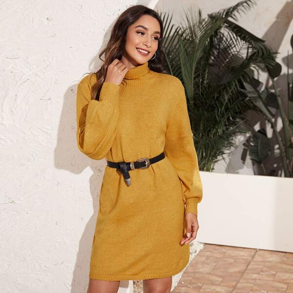

Rolled Neck Sweater Dress Without Belt, Mustard yellow