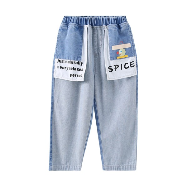 

Girls Letter & Cartoon Graphic Jeans, Light wash