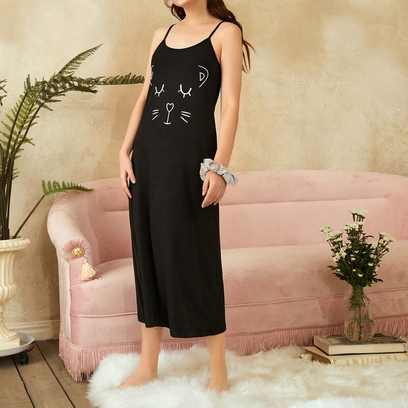 

Cartoon Graphic Cami Nightdress, Black