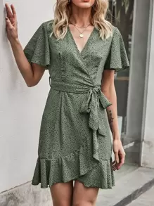 All Over Print Ruffle Hem Belted Dress