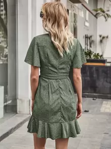 All Over Print Ruffle Hem Belted Dress