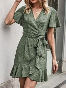 All Over Print Ruffle Hem Belted Dress