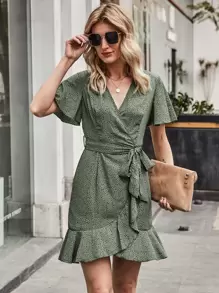 All Over Print Ruffle Hem Belted Dress