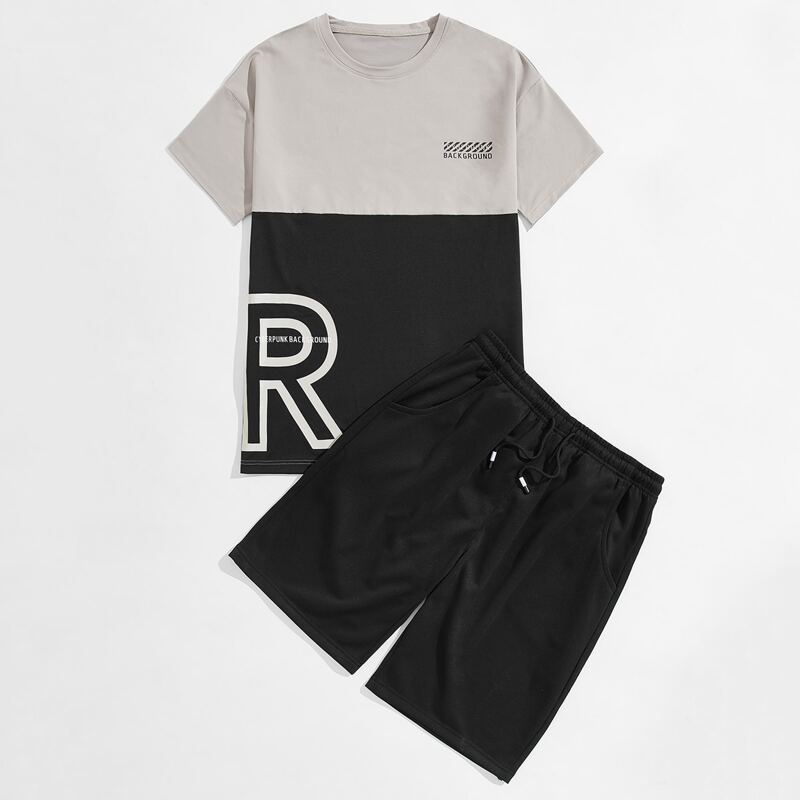 

Guys Letter Graphic Spliced Tee With Athletic Shorts, Multicolor