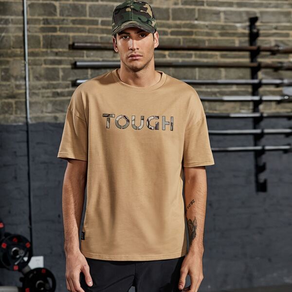 

Men Drop Shoulder Camo Letter Graphic Tee, Camel