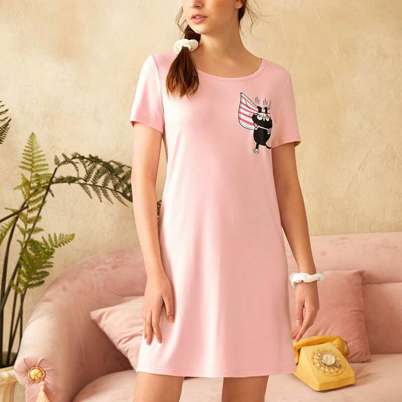 

Cartoon Graphic Pajama Dress, Baby pink
