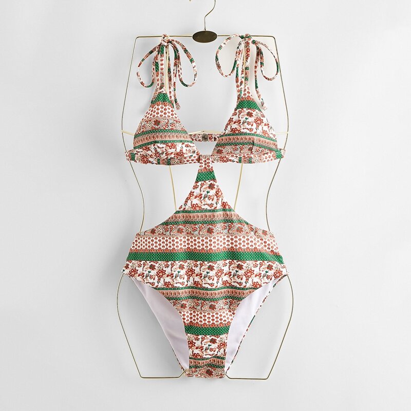 

Floral Tie Shoulder One Piece Swimsuit, Multicolor