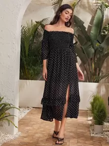 Polka Dot Split Thigh Off Shoulder Dress - Black - View 1