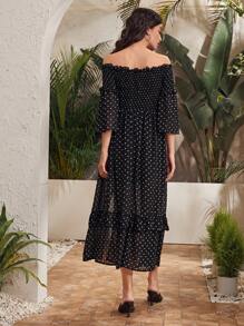 Polka Dot Split Thigh Off Shoulder Dress - Black - View 2
