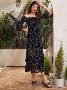 Polka Dot Split Thigh Off Shoulder Dress - Black - View 4