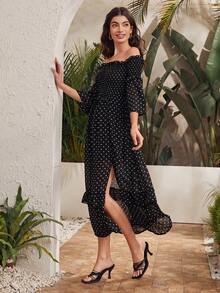 Polka Dot Split Thigh Off Shoulder Dress - Black - View 5