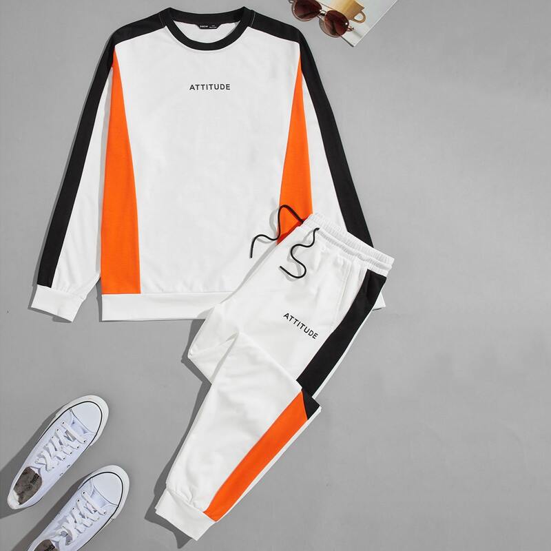 

Guys Contrast Neon Panel Letter Pullover and Sweatpants Set, White