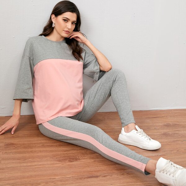 

Maternity Colorblock Tee & Contrast Sideseam Leggings Set, Multicolor