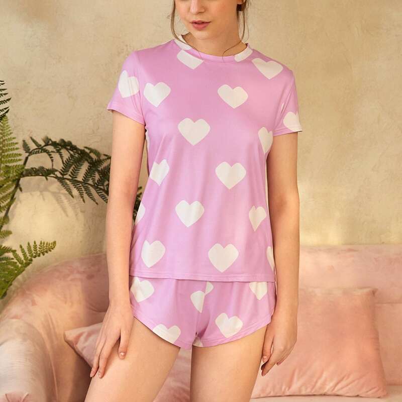 

Heart Print Pajama Set, Baby pink