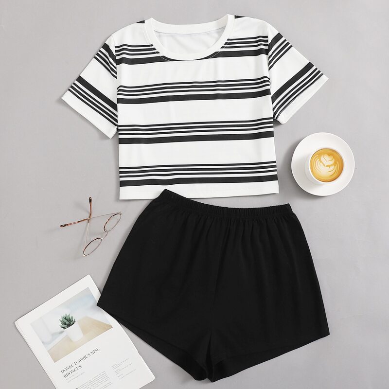 

Stripe Tee PJ Set, Black and white