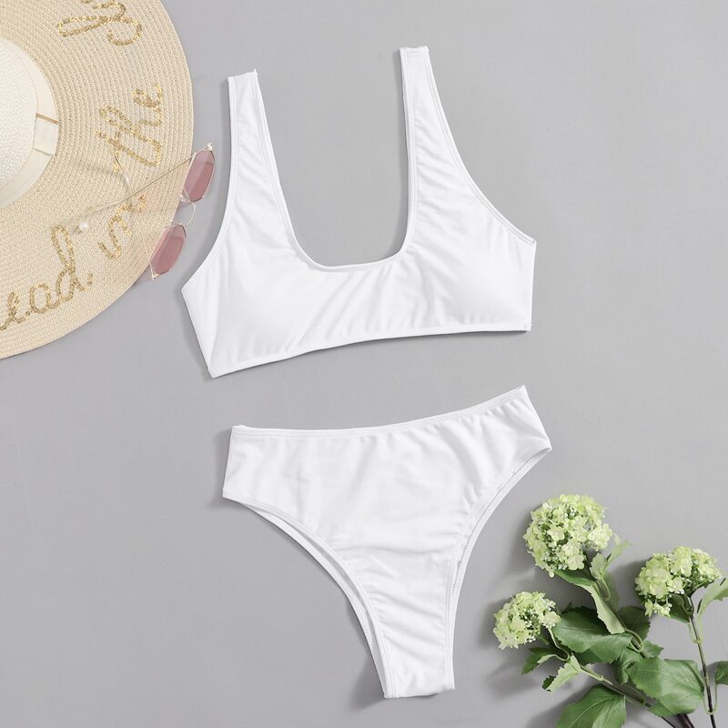 

Solid Scoop Neck Bikini Swimsuit, White
