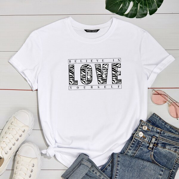 

Zebra Striped Letter Graphic Short Sleeve Tee, White