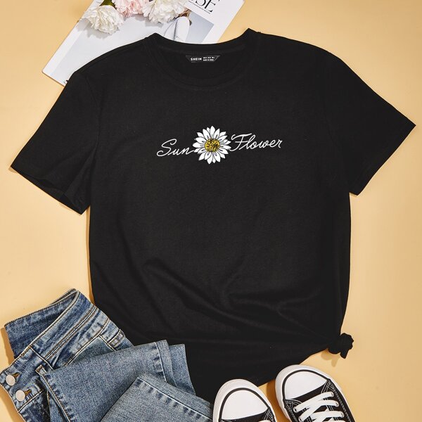 

Letter And Floral Print Tee, Black
