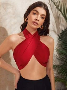 Fringe Trim Detail Halter Top - Red - View 1