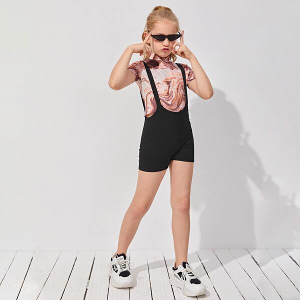 

Girls Solid Suspender Romper, Black