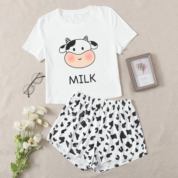

Letter And Cartoon Graphic Pajama Set, Black and white