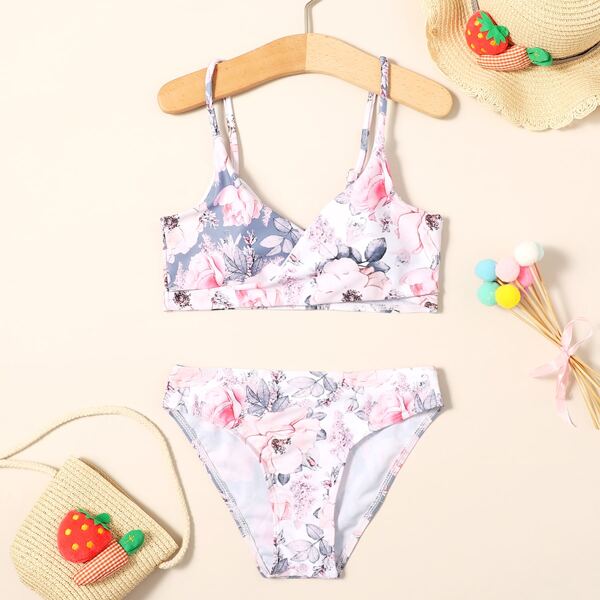 

Girls Random Floral Surplice Neck Bikini Swimsuit, Multicolor