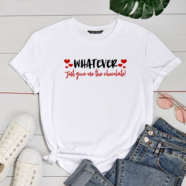

Slogan And Heart Print Round Neck Tee, White