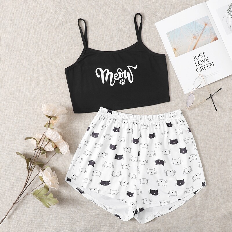 

Cartoon Cat And Letter Graphic Cami PJ Set, Black and white
